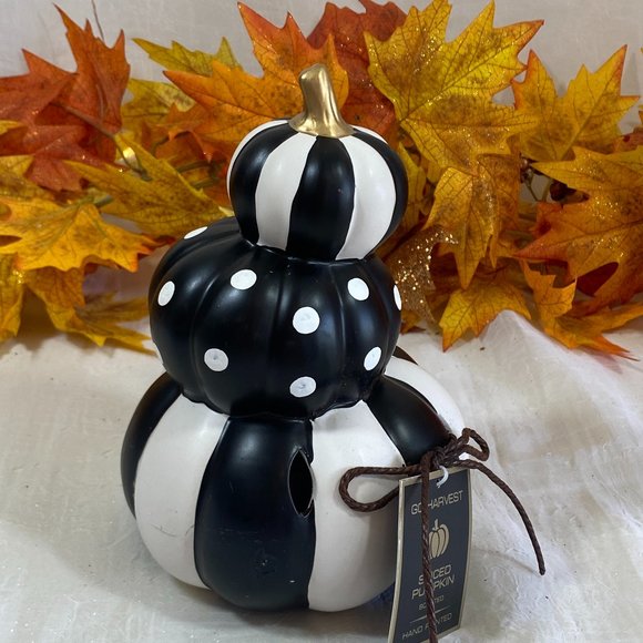 Stacked Ceramic Black White Gold Stem Pumpkin Scented Tabletop Decor New